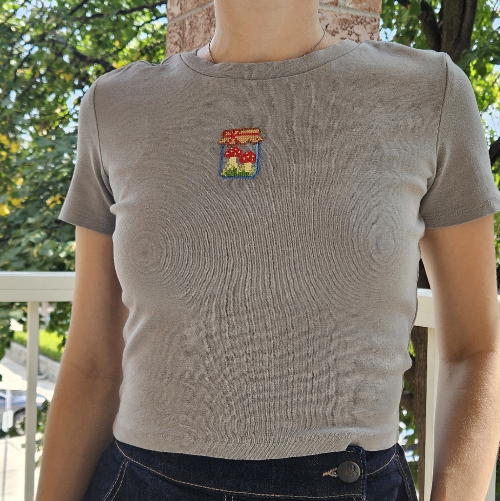 Baby Tee with HANDMADE Mushroom Cross Stitch Patch - Picture 2 of 5